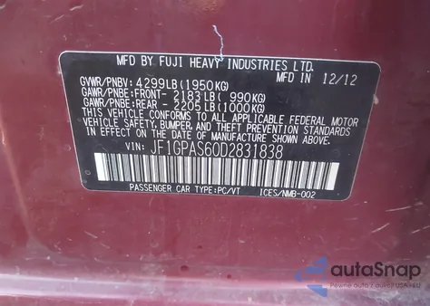 2013 Subaru Impreza 2.0I Sport Limited from USA, damaged, VIN JF1GPAS60D2831838